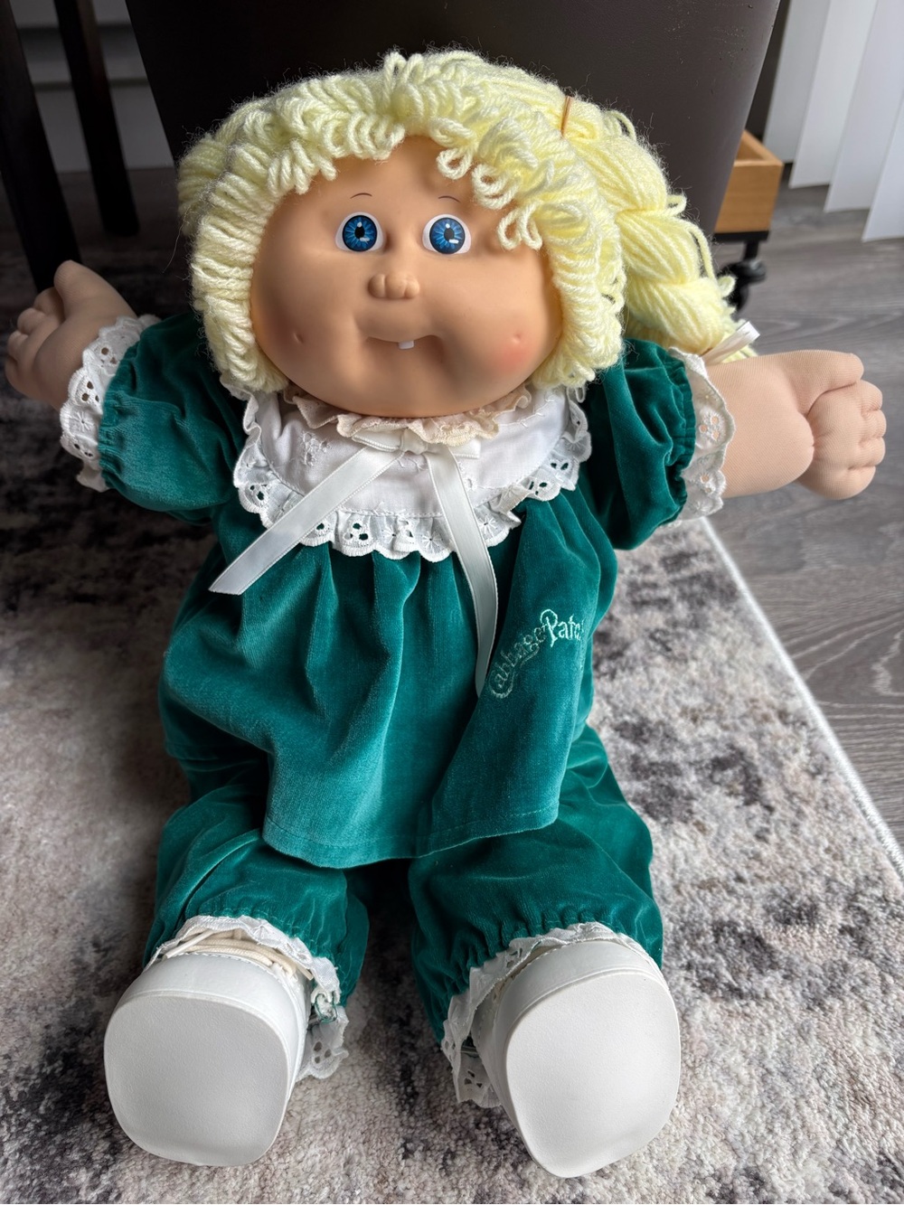 Classic Teal Velvet Yarn-Hair Doll with Blue Eyes